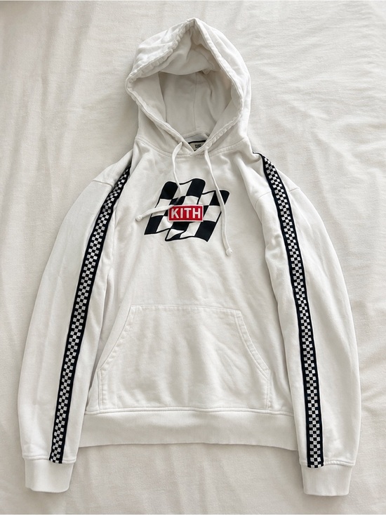 Kith Other - Kith White Hoodie with Black Checker Panels and Red Logo